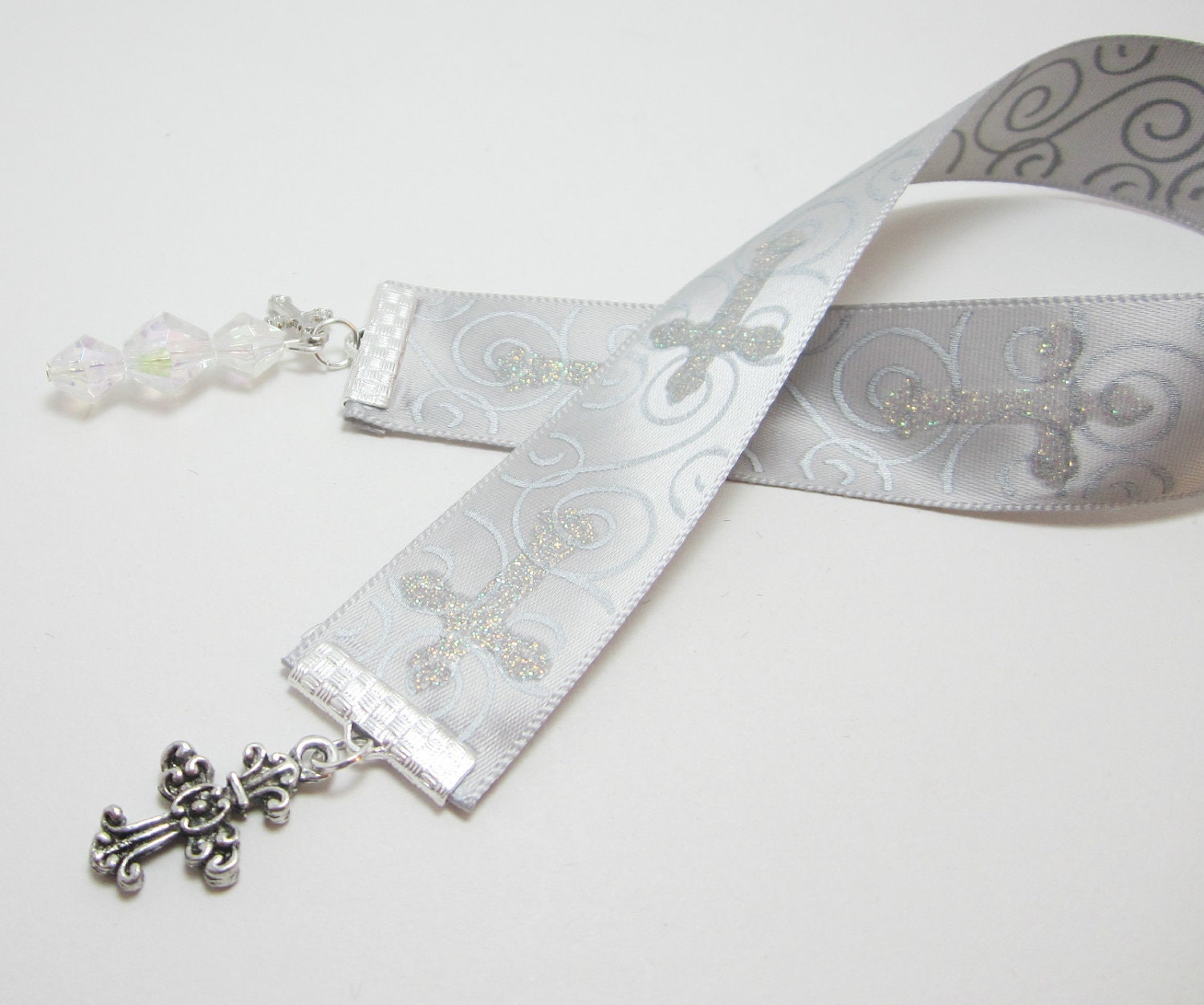Silver Sparkle Cross Christian Ribbon Bookmark by WhispySnowAngel