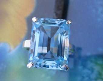 Octagon Emerald Cut Sky Blue Topaz Ring - 10mm x 12mm Sterling Silver Rectangle Ring - Big Gemstone Ring - Ready to Ship Size 7