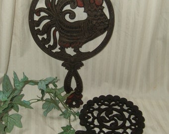 Vintage Wilton Cast Iron Trivets on legs rooster trivet fan trivet Pennsylvania Dutch enamel on cast iron decorative cast iron trivets