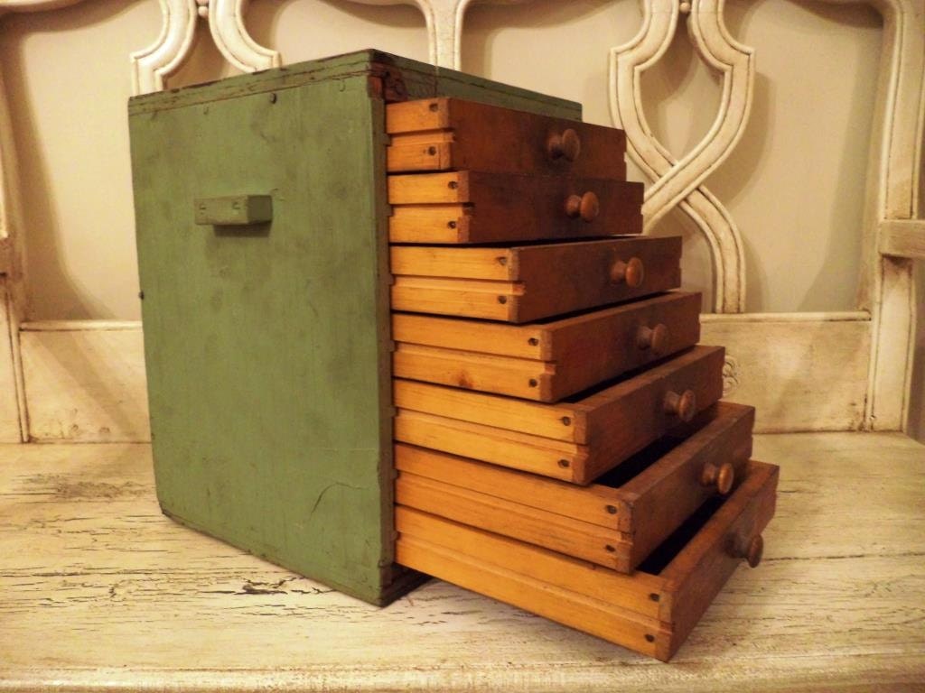 Small Wooden Storage with Drawers Rustic Green Chest