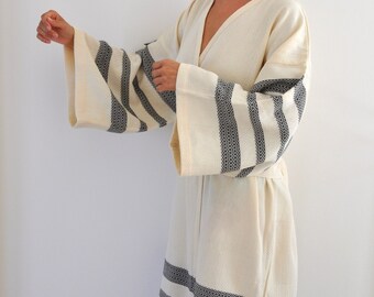 Kimono Robe Peshtemal Bath Robe Caftan Turkish Bath Towel Long Extra Soft Cotton Obi Belt Black Striped