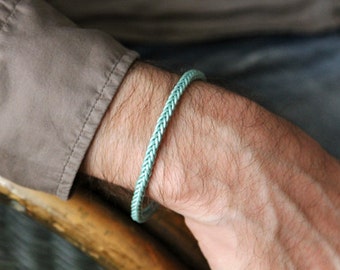 aqua leather weave bracelet for men - mens slim handwoven leather bracelet aqua