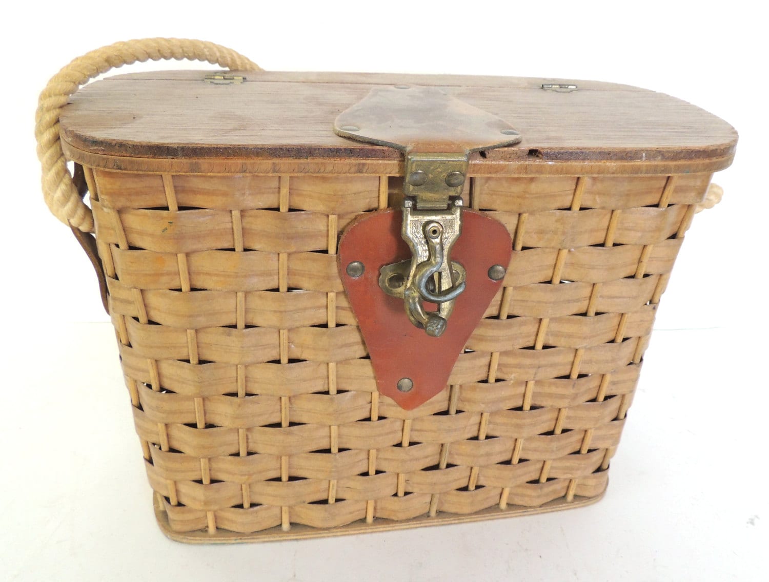Fishing creel Basket Vintage Brass Wood Rope by NayaStudio