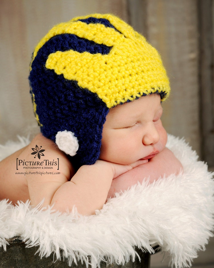 Baby Michigan Wolverines Helmet Hat Size 6-12 MO by SchlisKnits