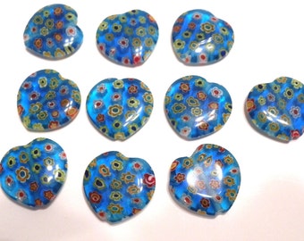 New 10 Valentine's Blue Flowers Millefiori Thousand Flowers Glass Heart Beads 22mm