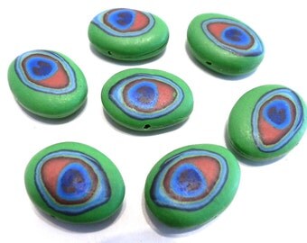 New 7 Fimo Polymer Clay Green Blue Red Oval Beads 22mm