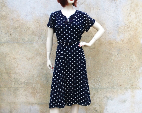 1940s navy and white polka dot dress 40s ART DECO