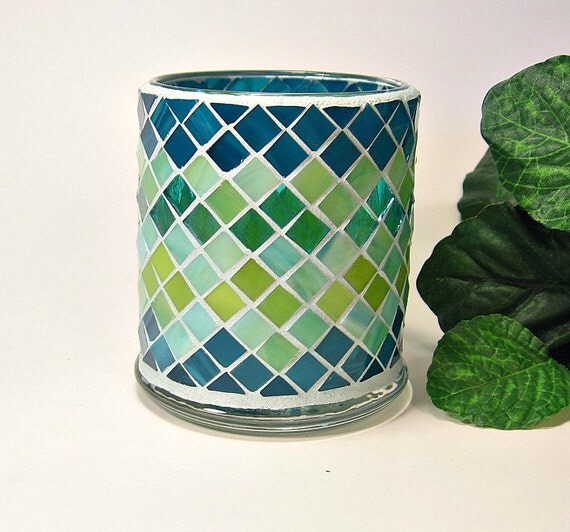 Stained glass mosaic votive candle holder teal blue aqua lime