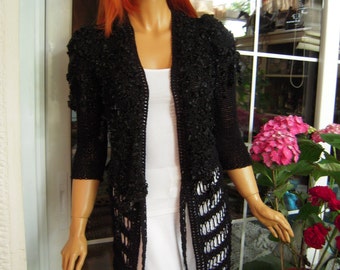 jacket handmade knitted long boho cardigan /goth sweater in black ready to ship size M gift idea for her by golden yarn