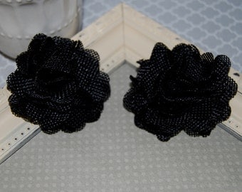 Flax Fabric Flowers - Black linen Burlap fabric flowers (2 pcs) - use for headbands - hair hat shoe clips rustic vintage decorations