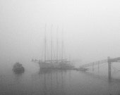 Bar Harbor Schooner Photograph, Black and White Maine Photography, Boats, Pier, Coast, Morning Fog and Mist, Monochrome Art Print, Gray