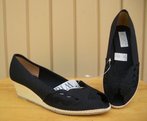 vintage 70s espadrilles black canvas peep toe wedge shoes 7