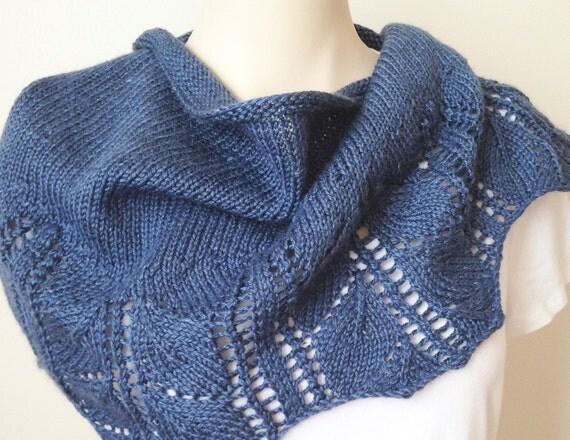 Knitting Pattern Scarf Leaves Shawlette Blue Denim Wool
