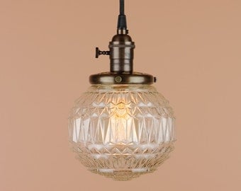 Pendant Lights - 6 inch Faceted Diamond Pattern Clear Glass Globe - Hand Finished in Oil Rubbed Bronze