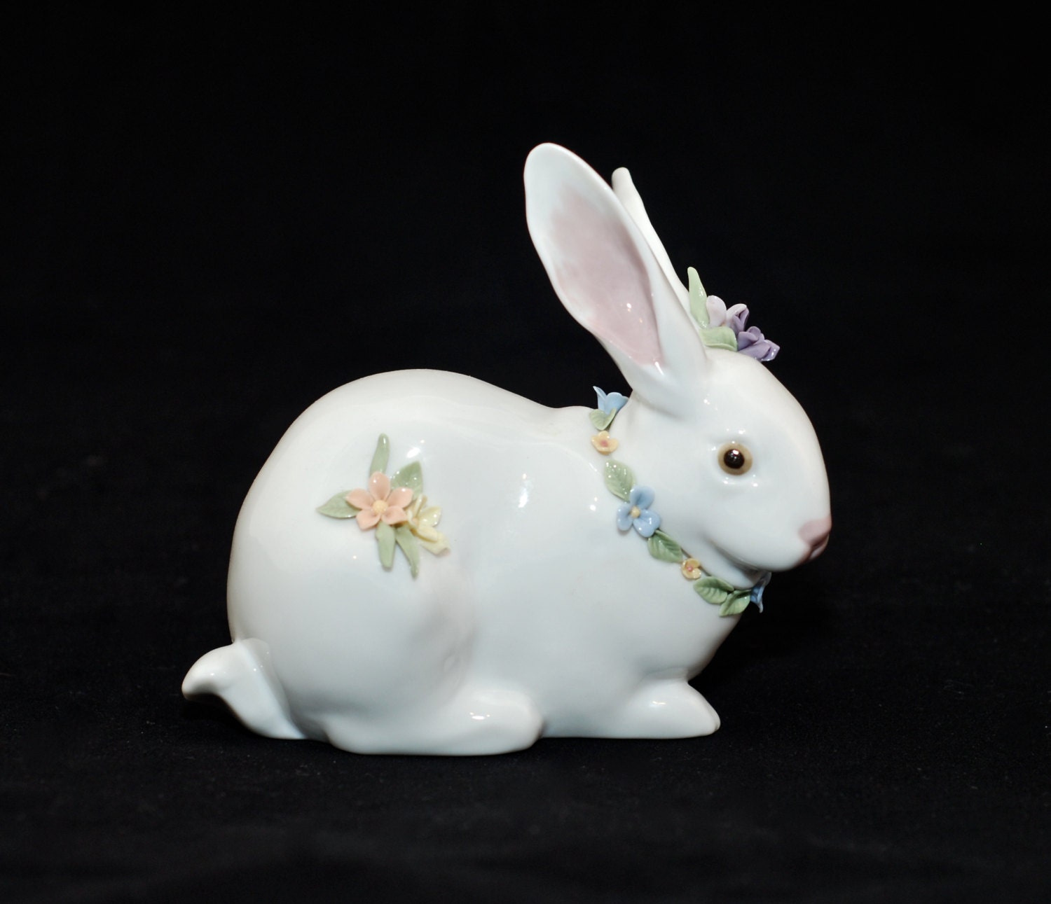 Vintage Lladro Porcelain Rabbit with Flowers Figurine