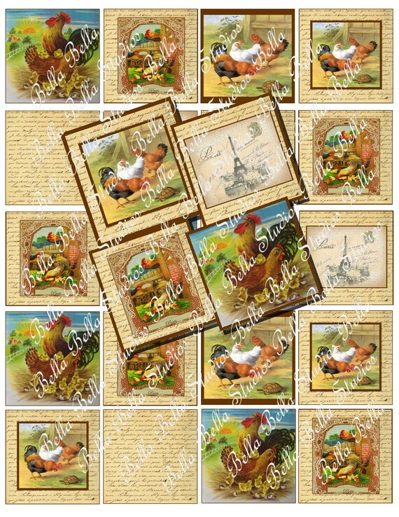 Vintage Rooster and Chicken Collection 2X2 PRINTABLE Instant Download Vintage Square Tiles Digital Download Scrabble Tiles Hang Tags Il_570xn