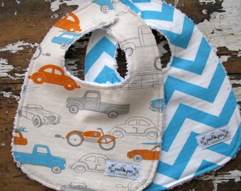 Baby Bibs Boy - Set of 2 - Retro Cars in Orange, Grey and Turquoise Blue & Turquoise Chevron