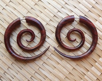 Medium TRIPPI Spiral Earrings- Natural Brown Sono Wood - Hand Carved Tribal Fake Gauges