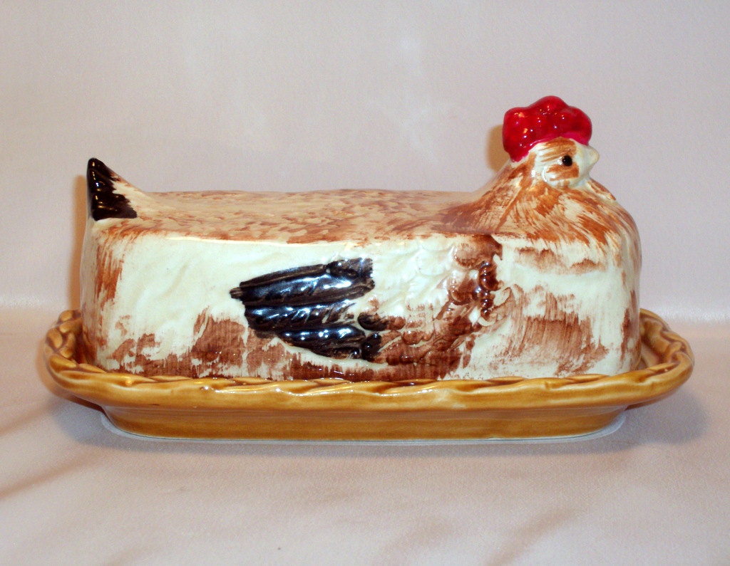 CHICKEN BUTTER DISH / Hen on a Nest / by VintageAntiqueLane