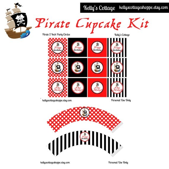 Instant Download, Printable Pirate Birthday Party Cupcake Kit- 2 Inch Party Circles and Cupcake Wrappers Il_570xn