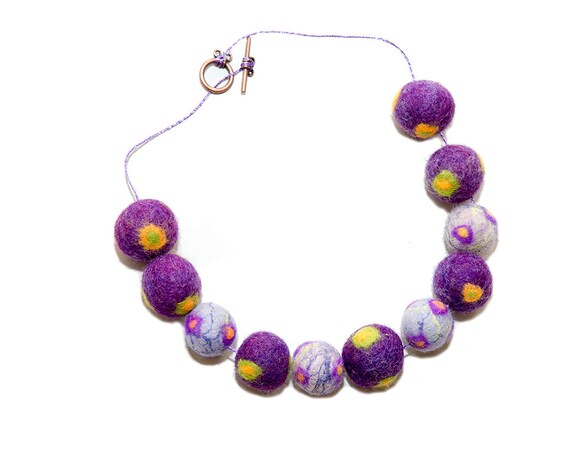 Felted Necklace Wool Beads Textile Jewelry Purple Grey