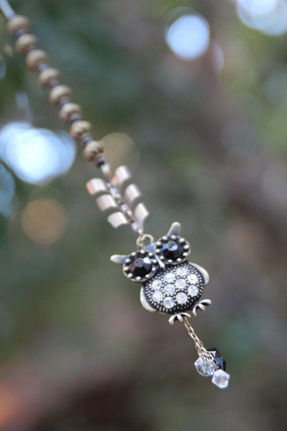 Rearview Mirror Charm Ornament Bronze Owl with Crystals and