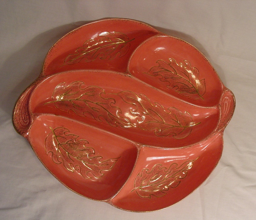 Salmon Pink and Gold Gilt Extra Large Serving Platter Dish USA