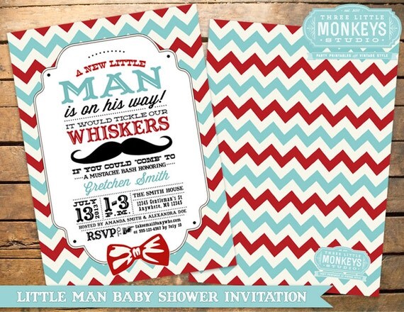 Vintage Little Man or Little Mister Mustache Bow Tie Baby Shower Invitation PLUS Matching Thank You Note Il_570xn