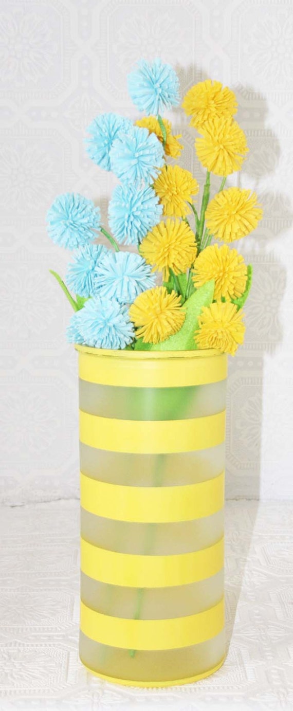 One Large Yellow striped Hand Painted Glass Vase by RedEggBoutique