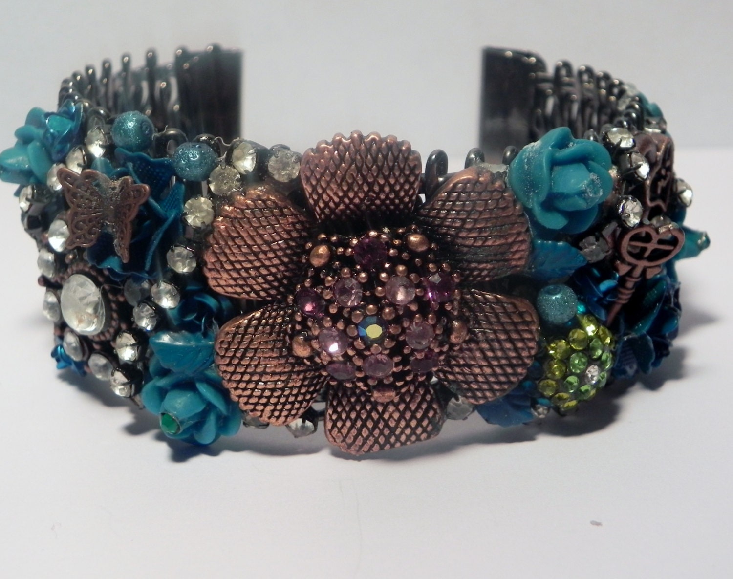 Vintage Inspired Teal and Copper Rhinestone Cuff Bracelet