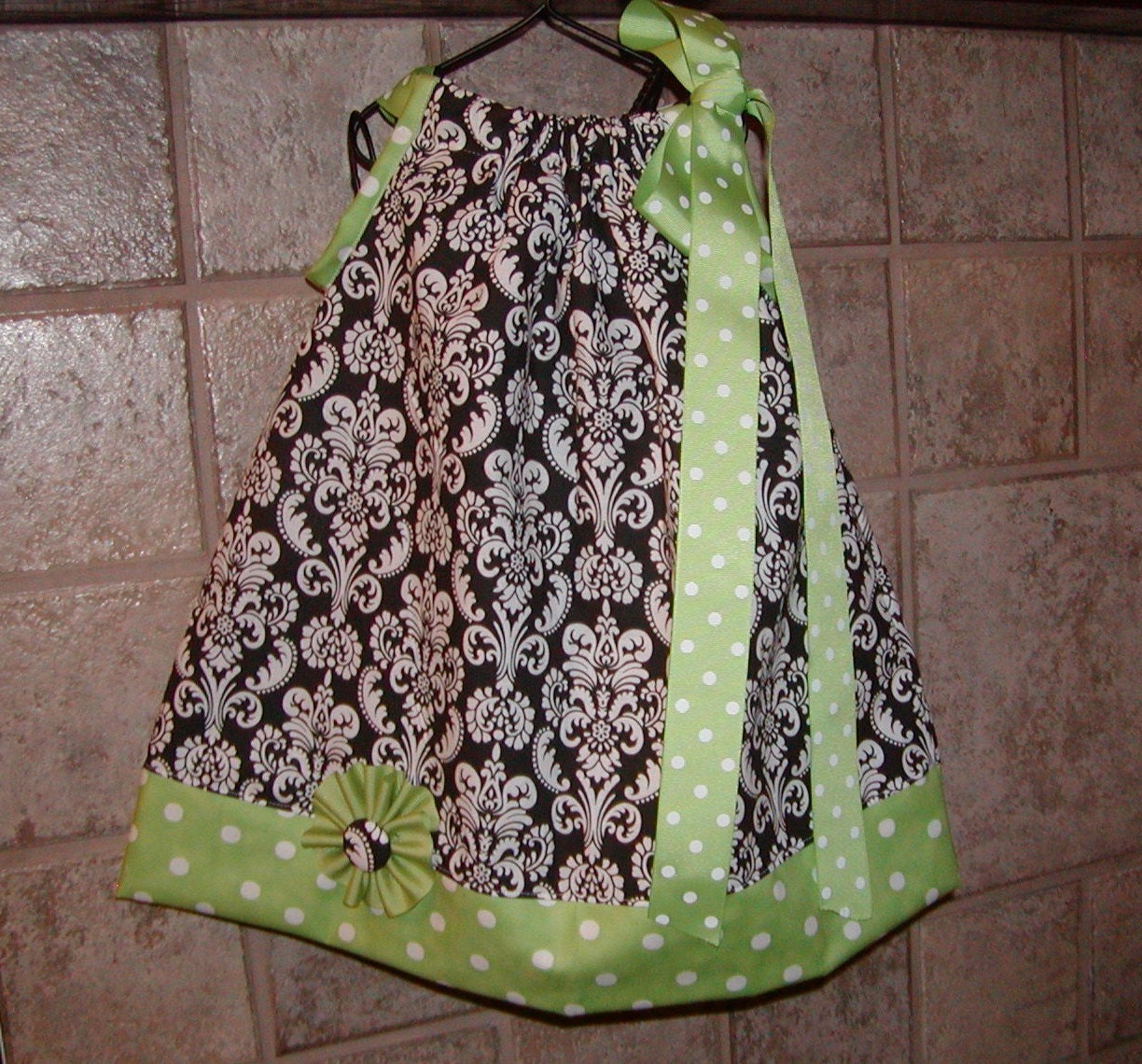 Black/White Damask Green Dots...Girls Pillowcase Dress Infant