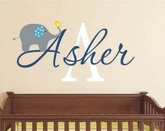 Elephant Wall Decal - Name Wall Decal - Baby Nursery Wall Decal - Boys Name Vinyl Decals