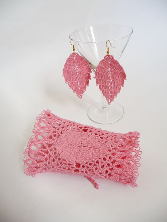 Tatting bracelet and earrings French Rose - for Mom - party cocktail - for Her