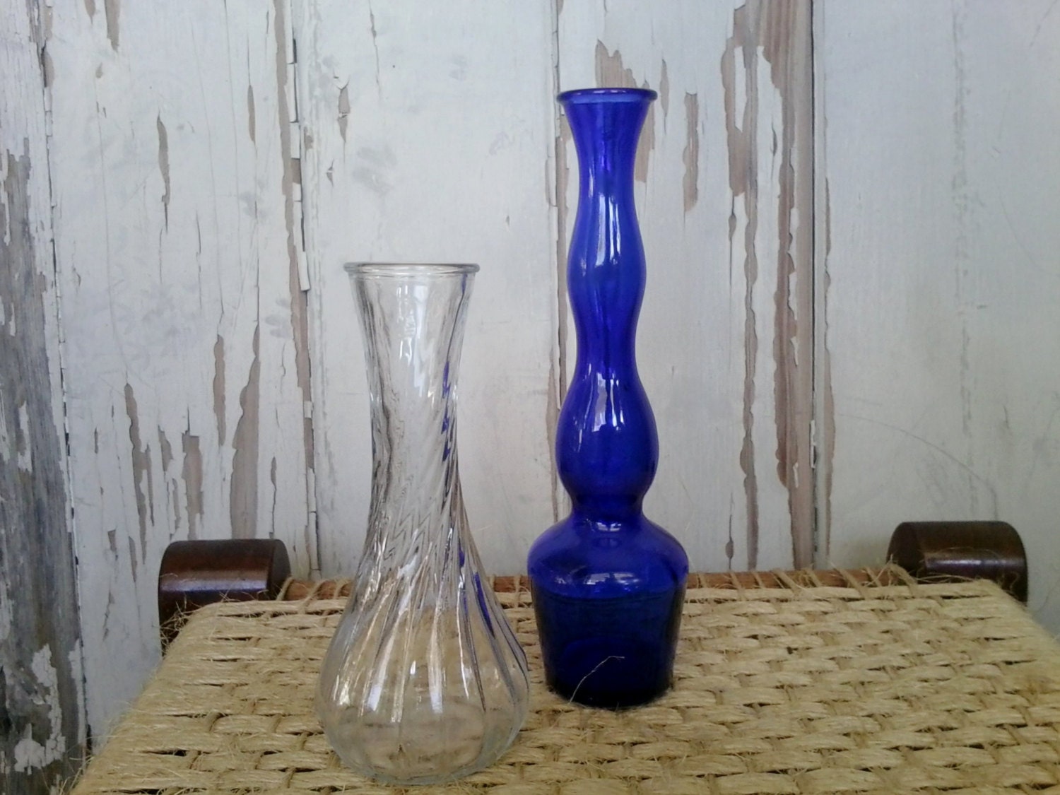 Vintage Glass Vases in Clear Blue Pressed by happydayantiques