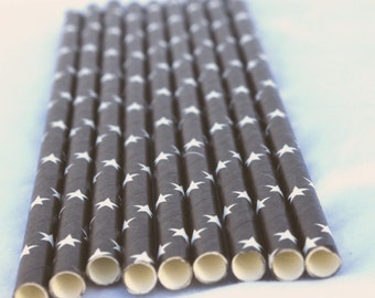 SoLiD Black with WHiTe STaRs ---Paper Straws---25ct with Free Printable diy Flags