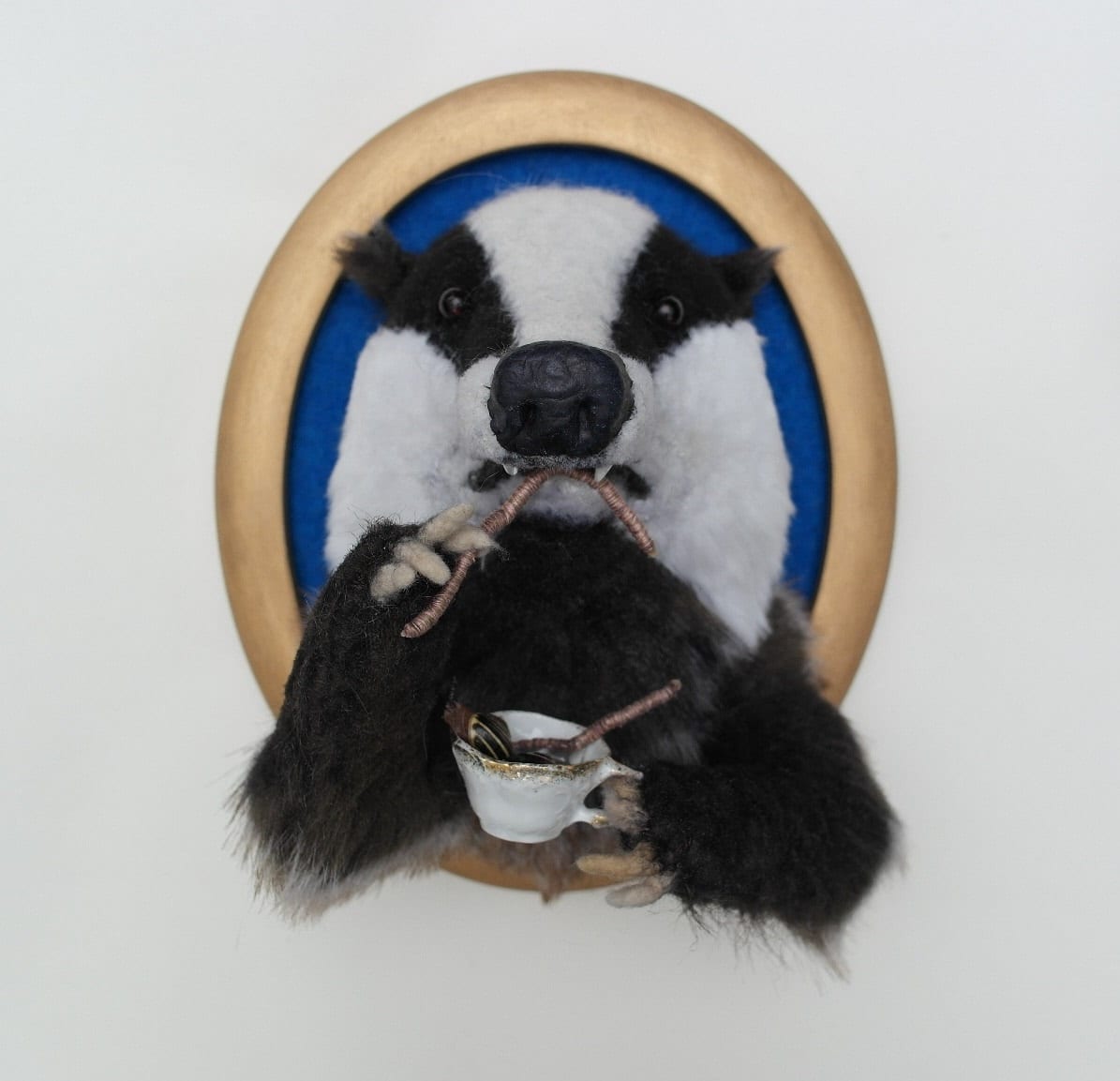 Just My Cup Of Tea'. Handmade Textile Badger Drinking