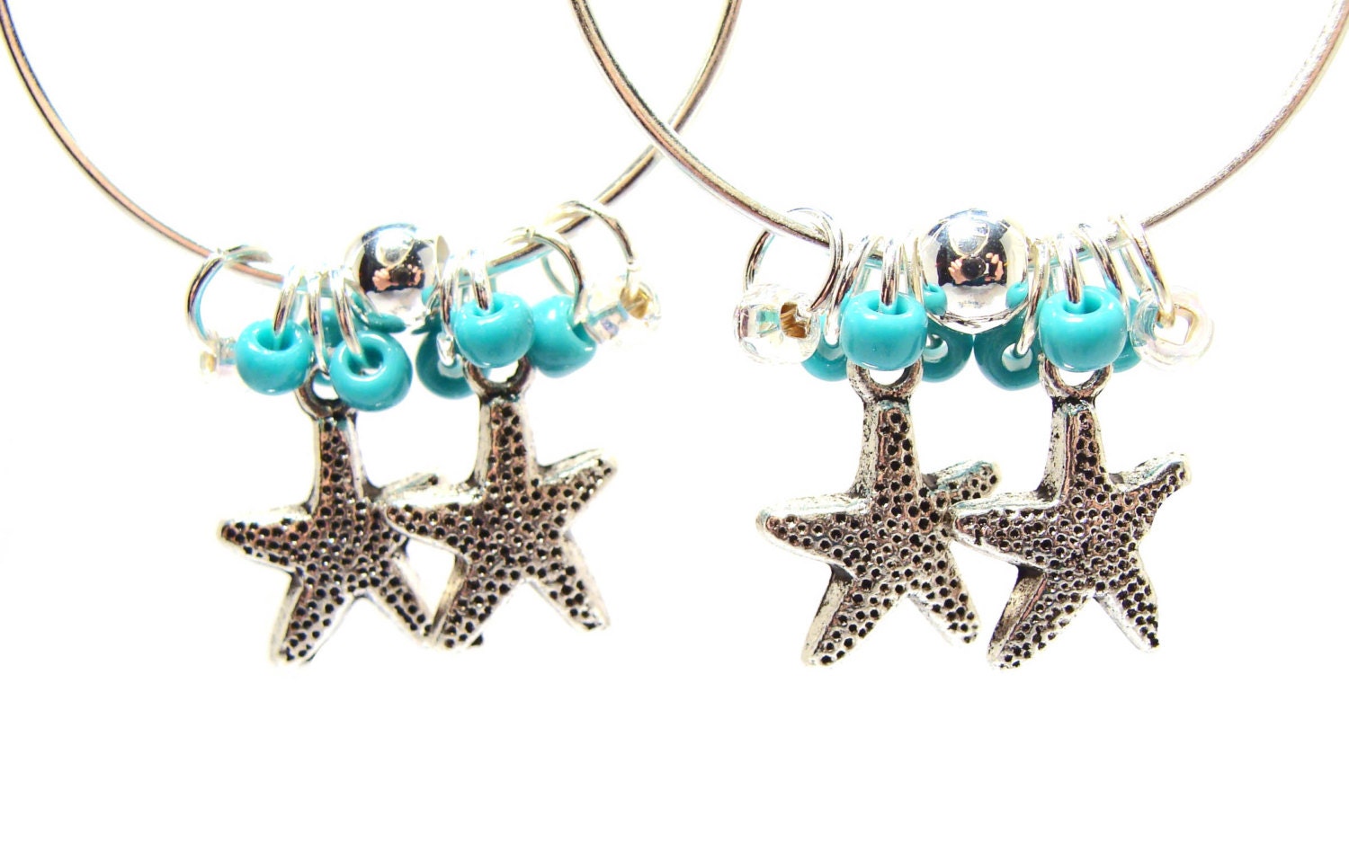 Cute Aqua Beach Hoop Earrings with Tibetan Silver Starfish