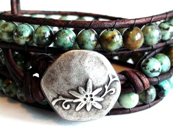 African Turquoise Leather Wrap Bracelet