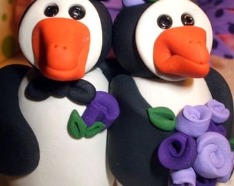 Wedding Cake topper penguins in purple polymer clay, Your choice of colors, Polymer Clay 2016
