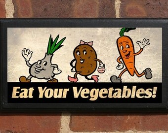 Eat Your Vegetables Wall Art Sign Plaque, Gift Present, Home Decor, Vintage Style Carrots Peas Beans Onion Potatoes Beets Squash Lettuce