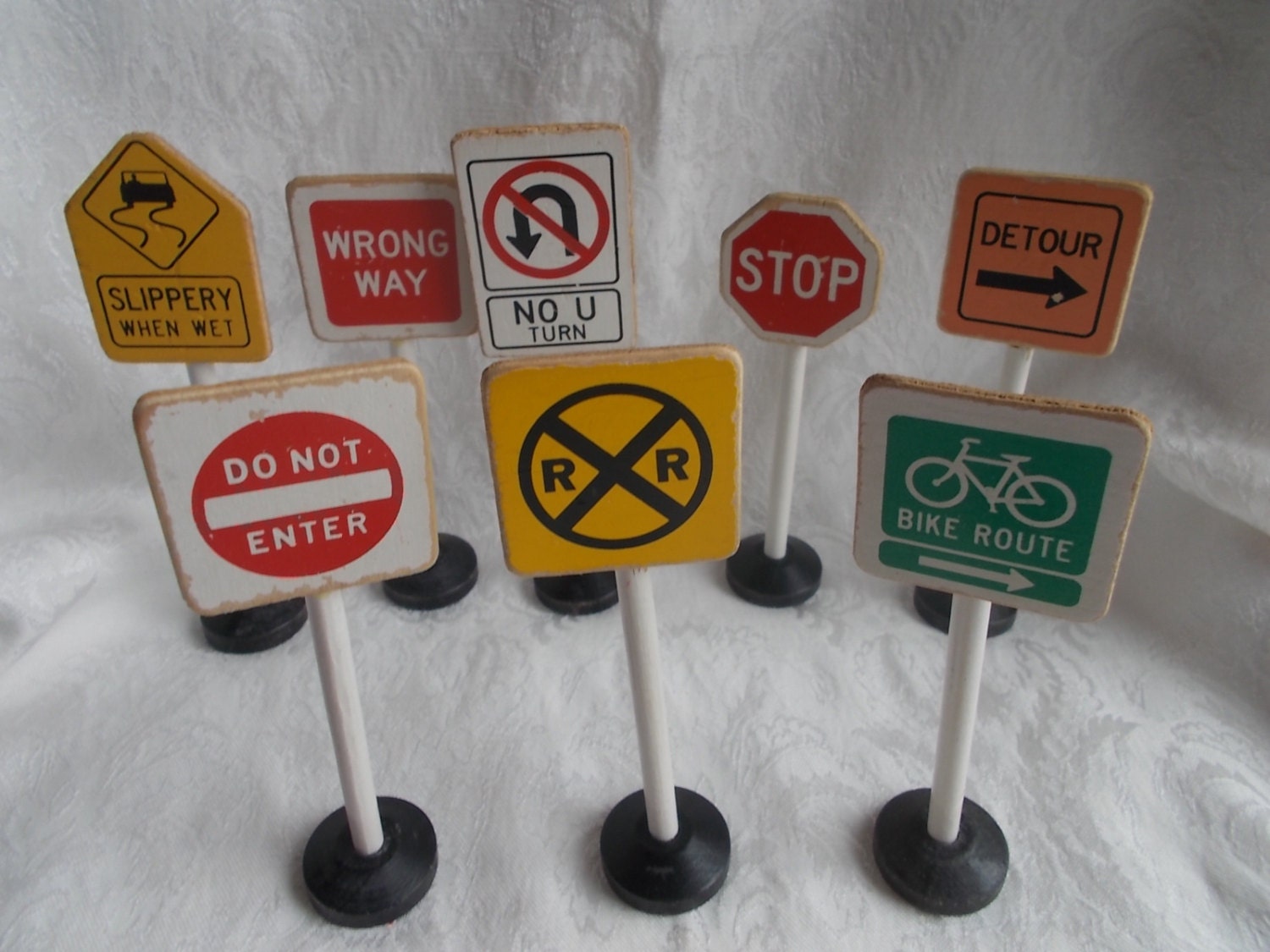 Vintage Toy Traffic Signs Wood Miniature Set US Shipping