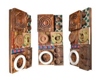 wood wall art, architectural salvage, mixed media assemblage art, wood collage, 8x16, polka dots, ORIGINAL ART by Elizabeth Rosen