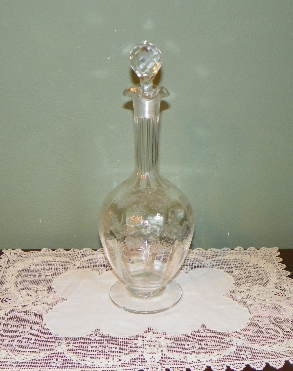 Antique Wine DECANTER Crystal Etched Glass Grapes Vines
