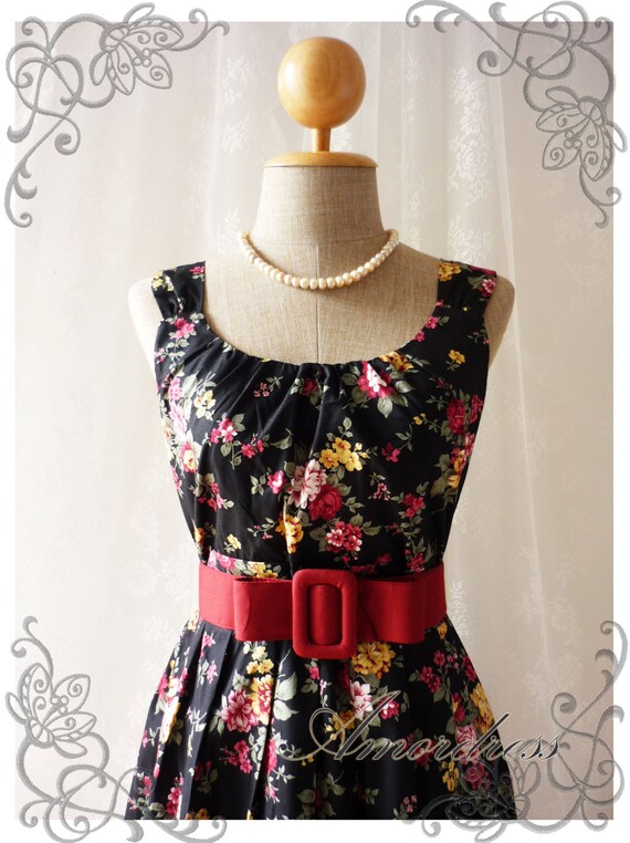 50% off Exotic Floral Dress Black Dress with Red Yellow Floral