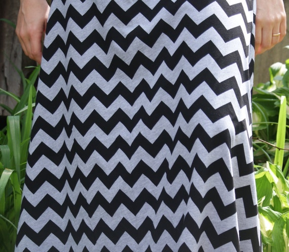 Women's Black on Gray Chevron Maxi Skirt Long Modest