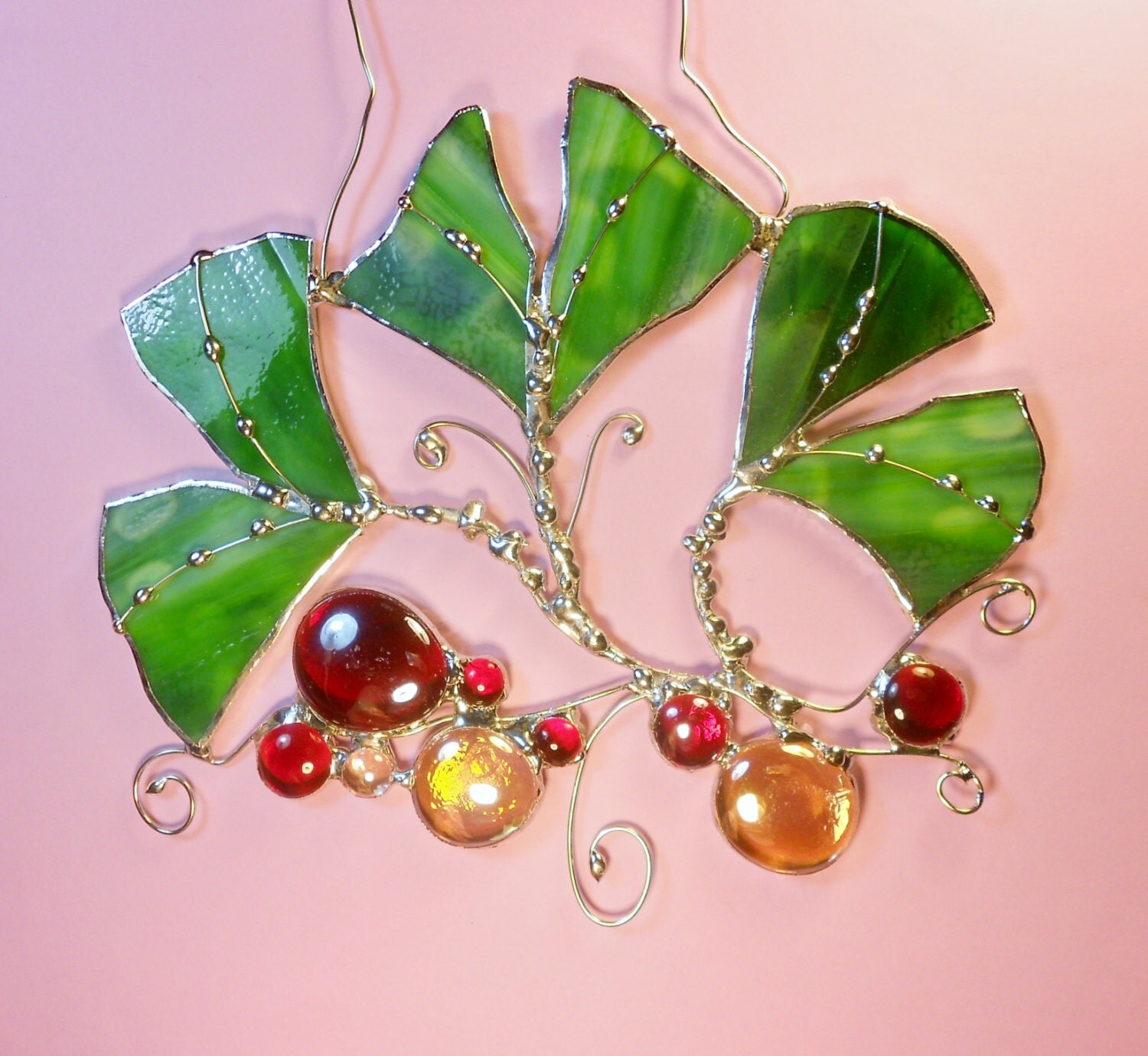 Stained Glass Suncatcher. Ginkgo Leaves In The Riverside