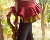 Gypsy Ruffled Mini Short Skirt / Cotton Tutu - Deep Red x Olive Green - Steampunk, Belly Dance, Fantasy, Pretty