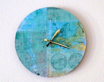 Unique Wall Clock, Map Clock, Home Decor, Decor and Housewares, Home and Living, Teal, Aqua Home Decor