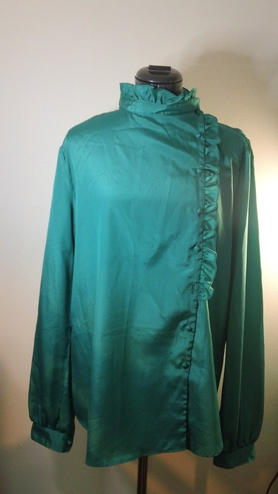 Vintage 1980s high-neck Teal Ruffle Blouse
