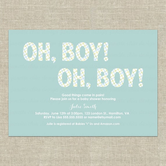 Twin Boys Baby Shower Invitation Digital Printable or Printed, front ...